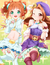 Rule 34 | 2girls, :d, ;), belt, bow, brown eyes, brown hair, dress, earrings, elbow gloves, fingerless gloves, gloves, green eyes, hair bow, hat, idolmaster, idolmaster (classic), jewelry, long hair, midriff, minase iori, multiple girls, navel, necklace, one eye closed, open mouth, palace of dragon (idolmaster), s-ram, skirt, smile, standing, standing on one leg, star (symbol), takatsuki yayoi, thighhighs, twintails, wink, zettai ryouiki