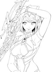 Rule 34 | 1girl, arm up, breasts, closed mouth, commentary, core crystal (xenoblade), covered armpit, covered navel, eyelashes, fingerless gloves, gloves, highres, holding, holding sword, holding weapon, impossible clothes, large breasts, lineart, looking at viewer, medium hair, parted bangs, pyra (xenoblade), rpnk izuru, short sleeves, sidelocks, simple background, smile, solo, swept bangs, sword, tiara, upper body, weapon, xenoblade chronicles (series), xenoblade chronicles 2
