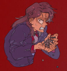 Rule 34 | 1boy, bags under eyes, ball, brown eyes, brown hair, clenched teeth, collared shirt, commentary request, cropped torso, crying, crying with eyes open, fingernails, formal, grey necktie, highres, ichijou seiya, inudori, jacket, kaiji, long hair, long sleeves, looking at viewer, male focus, medium bangs, messy hair, necktie, pachinko ball, parted bangs, purple jacket, red background, red shirt, shirt, simple background, solo, suit, tears, teeth, upper body