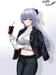 Rule 34 | 1girl, absurdres, belt, black belt, black jacket, black pants, breasts, bronya zaychik, bronya zaychik (silverwing: n-ex), closed mouth, commentary request, cup, dated, dong hawn, dress, grey eyes, grey hair, hair between eyes, highres, holding, holding cup, honkai (series), honkai impact 3rd, jacket, jacket on shoulders, large breasts, long hair, long sleeves, looking at viewer, midriff, navel, open clothes, open jacket, pants, shirt, solo, standing, white shirt