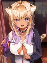 Rule 34 | 1girl, :d, absurdres, ahoge, alternate costume, alternate hair color, alternate skin color, animal ear fluff, animal ears, animal print, bad id, bad twitter id, between breasts, black cardigan, black collar, blonde hair, bow, bowtie, breasts, cardigan, cat ears, cat tail, collar, commentary request, dark-skinned female, dark skin, egg, gyaru, highres, hololive, indoors, large breasts, leopard print, long hair, long sleeves, looking at viewer, multicolored hair, murako (murakumoko), nekomata okayu, nekomata okayu (oversized shirt), object between breasts, off shoulder, open cardigan, open clothes, open mouth, open shirt, purple eyes, purple hair, shirt, smile, solo, tail, two-tone hair, upper body, virtual youtuber, white shirt, window