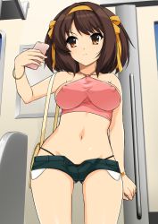 Rule 34 | 1girl, bag, blue shorts, blush, bow, bracelet, breasts, brown eyes, brown hair, cellphone, closed mouth, commentary request, covered erect nipples, crop top, from below, gluteal fold, hair bow, hairband, halterneck, hand up, haruhisky, highres, holding, holding phone, jewelry, light blush, looking away, medium breasts, navel, o-ring, o-ring top, orange bow, orange hairband, phone, pink shirt, ribbon, shirt, short hair, short shorts, shorts, shoulder bag, smartphone, solo, standing, stomach, suzumiya haruhi, suzumiya haruhi no yuuutsu, thong, train interior, v-shaped eyebrows