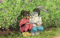 Rule 34 | 2boys, animal ears, bob cut, brown hair, bugs bunny, commentary, cosplay, daffy duck, english commentary, flower, food, grass, haku (sen to chihiro no kamikakushi), haku (sen to chihiro no kamikakushi) (cosplay), highres, holding, holding food, japanese clothes, long sleeves, looking at another, looney tunes, lumise05, multiple boys, ogino chihiro, ogino chihiro (cosplay), outdoors, ponytail, rabbit ears, sen to chihiro no kamikakushi, short hair, squatting