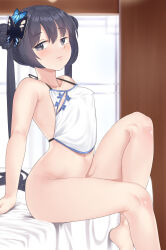 Rule 34 | 1girl, absurdres, bare shoulders, black hair, blue archive, blush, bottomless, braid, braided bun, breasts, butterfly hair ornament, double bun, grey eyes, hair bun, hair ornament, highres, kisaki (blue archive), long hair, looking at viewer, navel, ryouya, sitting, small breasts, solo, thighs, twintails