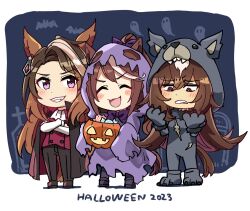 Rule 34 | 3girls, animal costume, animal ears, ascot, bat (animal), black cape, black pants, blush stickers, brown hair, cape, clenched teeth, commentary, ghost, ghost costume, halloween, highres, horse ears, horse girl, horse tail, ido (teketeke), jack-o&#039;-lantern, long hair, multicolored hair, multiple girls, pants, ponytail, purple eyes, sirius symboli (umamusume), smile, standing, symbol-only commentary, symboli rudolf (umamusume), tail, teeth, tokai teio (umamusume), tombstone, umamusume, vampire costume, white ascot, white hair, wolf costume