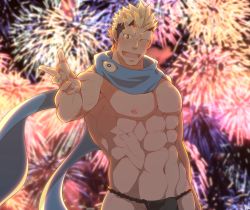 Rule 34 | 1boy, abs, absurdres, bara, black fundoshi, black hair, black male underwear, blonde hair, blush, bulge, crow (siranui), firework background, fireworks, fundoshi, highres, horns, japanese clothes, jiraiya (housamo), large pectorals, looking at viewer, male focus, male underwear, multicolored hair, muscular, navel, nipples, pectorals, scarf, short hair, smile, solo, thick thighs, thighs, tokyo houkago summoners, topless male, underwear, upper body