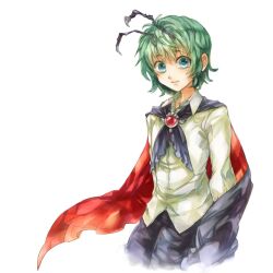 Rule 34 | 1girl, androgynous, antennae, black cape, black shorts, blue eyes, brooch, cape, closed mouth, collared shirt, commentary request, cowboy shot, flat chest, gem, green hair, highres, jewelry, long sleeves, looking at viewer, red cape, red gemstone, shin&#039;ichi (yokosuka220), shirt, short hair, shorts, simple background, smile, solo, tomboy, touhou, two-sided cape, two-sided fabric, white background, white shirt, wriggle nightbug