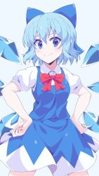 Rule 34 | 1girl, blue background, blue bow, blue eyes, blue hair, blue skirt, blue vest, bow, bowtie, cirno, closed mouth, collared shirt, detached wings, hair bow, hands on own hips, highres, ice, ice wings, looking at viewer, namagaki-san, red bow, red bowtie, shirt, short hair, short sleeves, skirt, smile, solo, touhou, vest, white shirt, wings