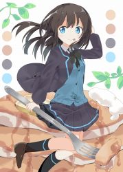 Rule 34 | 1girl, :p, black hair, black skirt, blue eyes, butter, cardigan, food, fork, hand on own head, highres, loafers, long hair, long sleeves, md5 mismatch, original, pancake, resolution mismatch, school uniform, shoes, skirt, solo, source larger, sweater, syrup, tantan men (dragon), tongue, tongue out