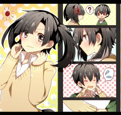 Rule 34 | 1boy, 1girl, 5koma, :|, ?, anger vein, annoyed, black eyes, black hair, blush, brown eyes, cardigan, cheek pinching, chibi, closed eyes, closed mouth, collared shirt, comic, embarrassed, enomoto takane, expressions, facing another, from side, green cardigan, grey eyes, hair between eyes, hand on another&#039;s cheek, hand on another&#039;s face, harusawa, kagerou project, kokonose haruka, letterboxed, long sleeves, looking at another, multiple views, open mouth, pinching, polka dot, polka dot background, school uniform, shirt, short hair, spoken question mark, spoken sweatdrop, star (symbol), sun, sweatdrop, twintails, upper body, white background, white shirt, yellow background, yellow cardigan