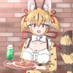 Rule 34 | 1girl, animal ears, bow, bowtie, brown eyes, brown hair, cat ears, cat girl, cat tail, extra ears, food, ice cream, ice cream float, kemono friends, kemono friends v project, large-spotted genet (kemono friends), looking at viewer, microphone, mukouyama mu, open mouth, pasta, ribbon, shirt, short hair, skirt, solo, suspenders, tail, tray, twintails, virtual youtuber