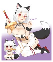 Rule 34 | 1girl, :d, anchor choker, animal ear fluff, animal ears, apron, ass, azur lane, bare shoulders, black footwear, black hairband, blush, breasts, cap105, chibi, chibi inset, choker, claw pose, cleavage, commentary request, crop top, dress, fake animal ears, fake tail, fangs, frilled apron, frilled choker, frills, full body, fur trim, gradient background, hair between eyes, hairband, halloween, halloween costume, high heels, highres, holding, holding sword, holding weapon, kneeling, large breasts, looking at viewer, midriff, mouth hold, open mouth, purple background, red eyes, ribbon-trimmed legwear, ribbon trim, rudder footwear, short hair, sidelocks, simple background, sirius (azur lane), skindentation, smile, squatting, sword, tail, teeth, thighhighs, upper teeth only, weapon, white apron, white background, white dress, white hair, white thighhighs, wolf ears, wolf tail, zettai ryouiki
