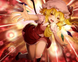 Rule 34 | 1girl, :d, ascot, black footwear, blonde hair, bow, cockadooodledoo, danmaku, fangs, flandre scarlet, hat, hat bow, highres, kneehighs, looking at viewer, miniskirt, mob cap, open mouth, outstretched arm, puffy short sleeves, puffy sleeves, reaching, reaching towards viewer, red background, red bow, red eyes, red skirt, red vest, shirt, shoes, short sleeves, side ponytail, skirt, skirt set, smile, socks, solo, touhou, vest, wings, yellow ascot