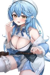 Rule 34 | 1girl, ahoge, belt, beret, blue bow, blue bowtie, blue coat, blue hair, blue skirt, blush, bow, bowtie, braid, breasts, brown belt, brown footwear, cleavage, cleavage cutout, clothing cutout, coat, commentary, foot out of frame, french braid, fur-trimmed coat, fur trim, half updo, hat, heart, heart ahoge, highres, hololive, large breasts, light blue hair, long hair, looking at viewer, miniskirt, multicolored hair, off shoulder, open clothes, open coat, open mouth, plaid, plaid bow, plaid bowtie, pointy ears, shirt, simple background, sitting, skirt, sleeveless, sleeveless shirt, smile, snowflake print, solo, soyoghi, streaked hair, thighhighs, two-tone hair, underbust, virtual youtuber, wariza, white background, white hat, white shirt, white thighhighs, yellow eyes, yukihana lamy