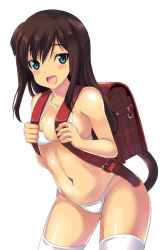 Rule 34 | 1girl, animal ears, backpack, bag, bikini, blush, breasts, brown hair, federica n. doglio, kyogoku shin, long hair, looking at viewer, randoseru, small breasts, smile, solo, strike witches, strike witches: kurenai no majo-tachi, swimsuit, tail, tan, tanline, thighhighs, world witches series