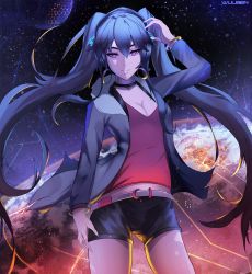 Rule 34 | 1girl, artist name, black shorts, blue hair, bracelet, breasts, cleavage, collar, collarbone, cowboy shot, earrings, floating hair, grey jacket, hatsune miku, headphones, highres, hoop earrings, jacket, jewelry, long hair, looking at viewer, medium breasts, open clothes, open jacket, purple eyes, purple shirt, rached, shirt, short shorts, shorts, smile, solo, standing, twintails, very long hair, vocaloid