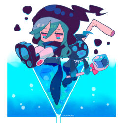 Rule 34 | 1boy, 73 (naa), ?, black headwear, blue hair, border, closed mouth, cocktail glass, cup, drinking glass, drinking straw, dual persona, ecolo (puyopuyo), hair between eyes, heart, heart in mouth, holding, holding spoon, ice, ice cube, long hair, male focus, mini person, miniboy, multicolored eyes, pants, puyopuyo, puyopuyo 7, smile, spoon, unusual ecolo, white border, white pants