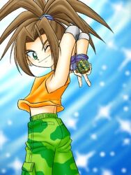 Rule 34 | 1boy, androgynous, arms behind back, arms up, bakuten shoot beyblade, beyblade, beyblade (object), blader kid, blush, brown hair, closed mouth, green eyes, looking at viewer, lowres, medium hair, one eye closed, orange shirt, shirt, smile, solo, tomonji hikaru, upper body