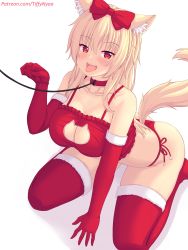 Rule 34 | 1girl, animal ear fluff, animal ears, bare shoulders, blonde hair, blush, bow, breasts, cat ears, cat girl, cat lingerie, cat tail, cleavage, collarbone, commentary, elbow gloves, from above, gloves, hair bow, hair ornament, heart, heart-shaped pupils, highres, kneeling, large breasts, leash, looking at viewer, meme attire, nottytiffy, open mouth, original, panties, patreon username, red bow, red eyes, red gloves, red panties, red thighhighs, simple background, smile, solo, symbol-shaped pupils, tail, thighhighs, thighs, tiffy (nottytiffy), tongue, tongue out, underwear, white background