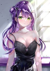 Rule 34 | 1girl, absurdres, bare arms, bare shoulders, breasts, cleavage, collarbone, commentary, ear piercing, eyes visible through hair, green eyes, hair bun, hair ornament, hairclip, highres, hololive, indoors, large breasts, light blush, long hair, looking at viewer, piercing, purple hair, sena banyu, single side bun, solo, strap slip, tokoyami towa, virtual youtuber, window