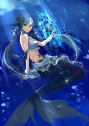 Rule 34 | 1girl, bare back, blue background, blue hair, blue theme, fins, frills, from side, frown, green eyes, halterneck, head fins, head wings, hexagram, imi fumei, long hair, looking at viewer, magic, magic circle, mermaid, midriff, monster girl, pixiv fantasia, pixiv fantasia 5, skirt, solo, tattoo, twintails, underwater, very long hair, wings