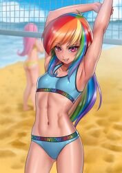 Rule 34 | 2girls, absurdres, armpits, arms up, ball, bare arms, beach, beachball, bikini, blue bikini, blue hair, blurry, blurry background, breasts, collarbone, day, fluttershy, green hair, groin, highres, long hair, looking at viewer, multicolored hair, multiple girls, my little pony, my little pony: friendship is magic, navel, ocean, orange hair, outdoors, personification, purple hair, racoon-kun, rainbow dash, rainbow hair, red hair, shiny skin, small breasts, solo focus, sports bikini, straight hair, stretching, swimsuit, tomboy, very long hair, volleyball net