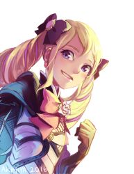 Rule 34 | 10s, 1girl, 2016, artist name, black gloves, blonde hair, blue eyes, bow, clenched hand, drill hair, earrings, elise (fire emblem), fire emblem, fire emblem fates, flower, gloves, hair bow, hair ribbon, jewelry, looking at viewer, nintendo, piano (agneschen), ribbon, rose, smile, solo, twin drills, twintails, white flower, white rose