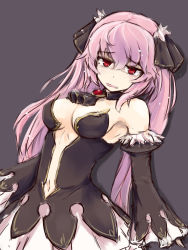 Rule 34 | 1girl, ascot, bare shoulders, blush, breasts, detached collar, detached sleeves, dress, dungeon travelers 2, fang, hair ornament, highres, lilian craper, long hair, navel, open mouth, pink hair, red eyes, simple background, sleeves past wrists, solo, toriatto gununu, twintails, very long hair, wide sleeves