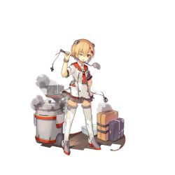 Rule 34 | 1girl, alternate costume, animal ears, armband, blonde hair, bottle, bracelet, breasts, broken, bucket, buttons, cross, double-breasted, fake animal ears, full body, graf spee (warship girls r), hair between eyes, hair ornament, hairclip, hand on own hip, holding, iron cross, jewelry, ladle, legs apart, lino-lin, looking at viewer, luggage, machinery, official art, one eye closed, open mouth, pleated skirt, red eyes, searchlight, short hair, short sleeves, skirt, small breasts, smoke, solo, standing, table, thighhighs, torn clothes, transparent background, vest, warship girls r, white thighhighs, white vest, wine bottle, zettai ryouiki
