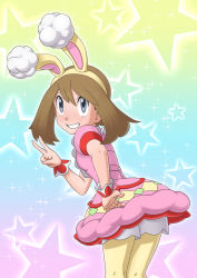 Rule 34 | 1girl, absurdres, animal ears, bent over, brown hair, buttons, commentary request, creatures (company), dress, eyelashes, fake animal ears, game freak, grey eyes, grin, hair between eyes, hairband, hand on own hip, highres, kneepits, leaning forward, legs, light blush, looking up, may (pokemon), may (spring 2021) (pokemon), miraa (chikurin), nintendo, official alternate costume, pantyhose, pink dress, pokemon, pokemon masters ex, short sleeves, shorts, shorts under dress, smile, solo, sparkle, sparkle background, standing, star (symbol), teeth, v, white shorts, wrist cuffs, yellow hairband, yellow pantyhose