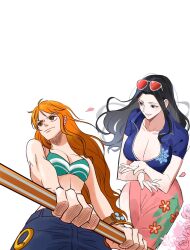 Rule 34 | 2girls, archived source, bad id, bad twitter id, black hair, blue jacket, cropped jacket, eyewear on head, flower, highres, holding, holding stick, jacket, joman, korean commentary, log pose, long hair, looking to the side, multiple girls, nami (one piece), nico robin, one piece, orange hair, pants, pink flower, pink rose, pink sarong, rose, sarong, seseasl, sidelocks, simple background, smile, stick, swimsuit, white background