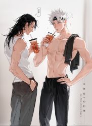 Rule 34 | 2boys, ?, absurdres, bead bracelet, beads, black eyes, black hair, black pants, blue eyes, bracelet, chain, chain necklace, character name, chinese text, cup, day, drinking, drinking straw, drinking straw in mouth, ear piercing, getou suguru, gojou satoru, hair between eyes, hand in pocket, headband, highres, holding, holding cup, jewelry, jujutsu kaisen, long bangs, long hair, looking at another, male focus, multiple boys, necklace, pants, piercing, plug (piercing), sally chang, short hair, sparkle, spiked hair, tank top, thought bubble, topless male, towel on one shoulder, track pants, translated, weibo watermark, white hair, white tank top, yaoi