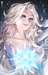 Rule 34 | 1girl, arm behind head, arm up, bad id, bad pixiv id, blue eyes, collarbone, commentary, crystal, curly hair, dark background, dress, elsa (frozen), eyelashes, freckles, frozen (disney), frozen ii (disney), glowing, highres, light particles, long hair, looking at viewer, outstretched hand, parted lips, reaching, reaching towards viewer, round teeth, solo, sparkle, sparkle background, standing, suru (ksoo420), teeth, upper body, upper teeth only, white dress, white hair