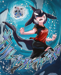 Rule 34 | 1girl, air bubble, alternate costume, ball, bare arms, black hair, blowhole, blue eyes, bubble, cetacean tail, clenched hands, clothes writing, commentary request, dorsal fin, fins, fish tail, freediving, full body, hair over one eye, head fins, highres, kemono friends, kneehighs, looking at viewer, medium hair, multicolored hair, open mouth, orca (kemono friends), parted bangs, shirt, shoes, short sleeves, shorts, smile, soccer ball, soccer uniform, socks, solo, sound effects, sportswear, t-shirt, tail, toriny, two-tone hair, underwater, water, white hair