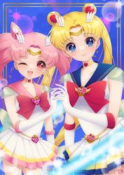 Rule 34 | 2girls, 774nanashi, back bow, bishoujo senshi sailor moon, blonde hair, blue background, blue eyes, blue sailor collar, border, bow, breasts, brooch, chibi usa, choker, cowboy shot, crescent, crescent earrings, double bun, earrings, elbow gloves, gloves, hair bun, hair ornament, heart, heart brooch, heart choker, highres, holding hands, jewelry, light blush, looking at viewer, medium breasts, mother and daughter, multiple girls, one eye closed, open mouth, parted bangs, pink hair, pink sailor collar, pleated skirt, red bow, red eyes, sailor chibi moon, sailor collar, sailor moon, sailor senshi uniform, see-through, see-through sleeves, sidelocks, skirt, smile, tiara, tsukino usagi, twintails, white gloves