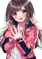 Rule 34 | 1girl, :d, beeftanizoko, blush, breasts, brown eyes, brown hair, collarbone, fingers together, hair ribbon, highres, idolmaster, idolmaster shiny colors, jacket, long sleeves, looking at viewer, medium breasts, open clothes, open jacket, open mouth, pink jacket, ribbon, shirt, simple background, smile, solo, tsukioka kogane, twintails, upper body, white background, white shirt