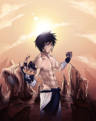 Rule 34 | 1boy, abs, battle, black hair, blood, blood on hands, blue eyes, come hither, commission, evil, fighter, fingerless gloves, gloves, highres, karate, looking afar, male focus, martial arts (male), muscular, nenshou kajida, outdoors, scar, topless male, short hair, siegeredwolf, smile, solo, sweat