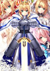 Rule 34 | 4girls, artist name, artoria pendragon (all), artoria pendragon (fate), blonde hair, blush, breasts, character request, cherry blossoms, cleavage, crown, fate (series), gendo0032, gloves, green eyes, holding, holding sword, holding weapon, large breasts, looking at viewer, multiple girls, nero claudius (bride) (fate), nero claudius (bride) (second ascension) (fate), nero claudius (fate), nero claudius (fate) (all), nero claudius (fate/extra), okita souji (fate), okita souji (koha-ace), one eye closed, open mouth, pink hair, saber (fate), shinsengumi, short hair, signature, smile, sword, weapon, white gloves, yellow eyes