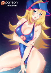 Rule 34 | 1girl, alternate costume, arm grab, artist name, bare arms, bare legs, bare shoulders, barefoot, blonde hair, blue background, blue eyes, blue one-piece swimsuit, blush, breast press, breasts, cleavage, cleavage cutout, cleft of venus, clothing cutout, curvy, dark magician girl, dutch angle, female focus, gradient background, hat, highleg, highleg swimsuit, large breasts, lips, long hair, looking at viewer, multicolored background, naughty face, one-piece swimsuit, parted lips, partially visible vulva, patreon, purple background, shiny clothes, shiny skin, sideboob, sitting, smile, solo, swimsuit, thighs, tofuubear, underboob, wariza, wizard hat, yu-gi-oh!, yu-gi-oh! duel monsters