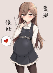 Rule 34 | 1girl, arashio (kancolle), arm behind back, belt, black pantyhose, brown eyes, brown hair, dress, female focus, finger to cheek, heart, heart-shaped pupils, highres, kantai collection, long hair, long sleeves, looking at viewer, pantyhose, pregnant, simple background, smile, solo, spoken heart, standing, symbol-shaped pupils, translation request, yurarin