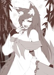Rule 34 | 1girl, animal ears, bamboo, bamboo forest, breasts, brooch, cleavage, cube85, dress, fingernails, forest, highres, imaizumi kagerou, jewelry, large breasts, long fingernails, long sleeves, monochrome, nature, night, open mouth, outdoors, solo, tail, touhou, wide sleeves, wolf ears, wolf tail