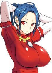 Rule 34 | 1girl, adjusting hair, arms behind head, arms up, blue hair, blush, breasts, diisuke, covered erect nipples, juliet sleeves, large breasts, long sleeves, looking at viewer, mirror, mouth hold, one-hour drawing challenge, puffy sleeves, red eyes, red shirt, rope, shirt, solo, string, touhou, tying hair, upper body, white background, yasaka kanako