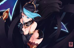 Rule 34 | 1girl, artist name, bare shoulders, black gloves, black hair, black thighhighs, blue eyes, blue hair, breasts, cleavage, commentary request, elbow gloves, evelynn (league of legends), finger to mouth, fingernails, from above, gloves, large breasts, league of legends, long hair, looking at viewer, nekomimipunks, shadow evelynn, sharp fingernails, signature, sleeveless, solo, teeth, thighhighs
