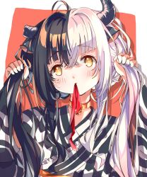 Rule 34 | 1girl, absurdres, ahoge, animal ears, bell, black hair, black horns, black kimono, blush, bunching hair, c4 art, closed mouth, commentary, cow ears, cow girl, cow horns, english commentary, hair intakes, highres, horns, indie virtual youtuber, japanese clothes, jingle bell, kimono, long hair, looking at viewer, makino shiro, multicolored hair, neck bell, orange background, solo, split-color hair, twintails, two-tone background, two-tone hair, two-tone kimono, upper body, virtual youtuber, white background, white hair, white kimono, yellow eyes