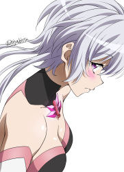 Rule 34 | 1girl, blush, breasts, cleavage, closed mouth, highres, looking at viewer, looking to the side, medium breasts, miyabi mt-b, purple eyes, senki zesshou symphogear, simple background, solo, white background, white hair, yukine chris