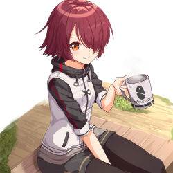 Rule 34 | 1girl, ame., arknights, bench, between legs, black pantyhose, black skirt, blush, brown eyes, brown hair, commentary request, cup, exusiai (arknights), eyebrows hidden by hair, hair over one eye, hand between legs, highres, holding, holding cup, jacket, looking at viewer, mug, on bench, pantyhose, parted lips, short sleeves, sitting, skirt, smile, solo, white background, white jacket