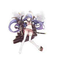 Rule 34 | 1girl, akizuki (warship girls r), arms up, black gloves, blue eyes, blue hair, blunt bangs, blush, breasts, bridal gauntlets, broken, cannon, chenilelo, closed mouth, crescent, crescent hair ornament, crescent moon, damaged, eyeliner, full body, gloves, hair ornament, legs apart, long hair, looking at viewer, machinery, makeup, matching hair/eyes, midriff, moon, navel, official art, one eye closed, panties, pleated skirt, red skirt, remodel (warship girls r), sailor collar, sandals, scabbard, sheath, shirt, shoes, single glove, single shoe, skirt, small breasts, smoke, solo, standing, striped clothes, striped panties, sword, tears, thighhighs, torn clothes, torpedo, transparent background, turret, underwear, very long hair, warship girls r, weapon, white shirt, white thighhighs