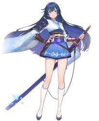 Rule 34 | 1girl, arm guards, armor, blue eyes, blue hair, breasts, closed mouth, eyeliner, full body, glowing, glowing eyes, gorgeous mushroom, hand on own hip, horns, illusion connect, japanese armor, japanese clothes, katana, kneehighs, kusazuri, long hair, makeup, mengjing lianjie, obi, official art, sash, saya (illusion connect), shoulder armor, skirt, small breasts, smile, socks, sode, solo, standing, sword, transparent background, weapon, white socks, wide sleeves