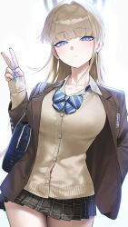 Rule 34 | 1girl, absurdres, bag, black skirt, blonde hair, blue archive, blue eyes, blush, bow, bowtie, braid, breasts, brown jacket, buttoned cuffs, buttons, collared shirt, french braid, halo, highres, jacket, kazane-wind, large breasts, long hair, long sleeves, looking at viewer, open clothes, open jacket, shirt, shoulder bag, skirt, solo, sweater, thighs, toki (blue archive), v, white shirt, yellow sweater