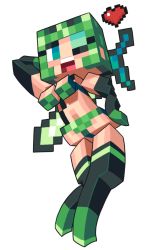 Rule 34 | 1girl, bikini, black thighhighs, blue eyes, breasts, creeper, disembodied hand, full body, gashi-gashi, green bikini, hand on own hip, heart, hood, minecraft, minecraft sword, one eye closed, open mouth, personification, pixelated, solo, swimsuit, sword, teeth, thighhighs, weapon